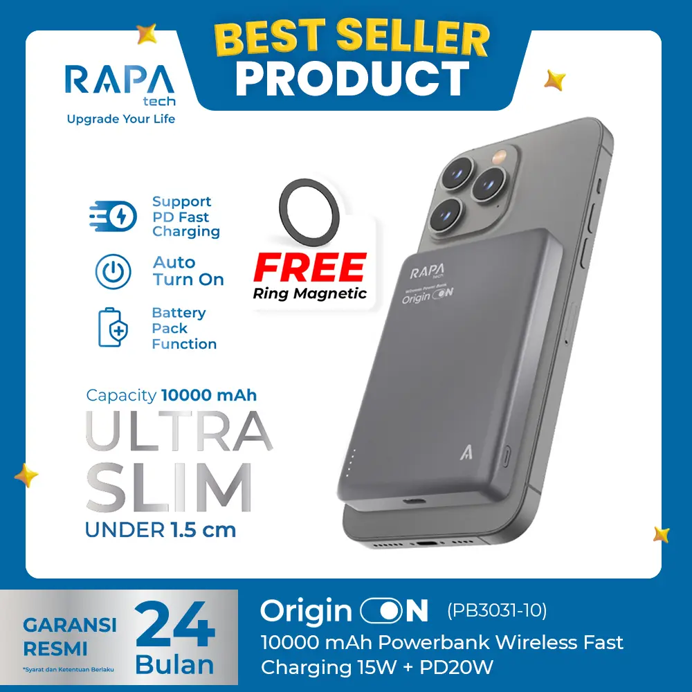RAPAtech Powerbank Origin On 10000 mAh/ 5000 mAh Wireless Fast Charging 15 W + PD 20W  ULTRA SLIM Powerbank Magsafe Powerbank Iphone magsafe