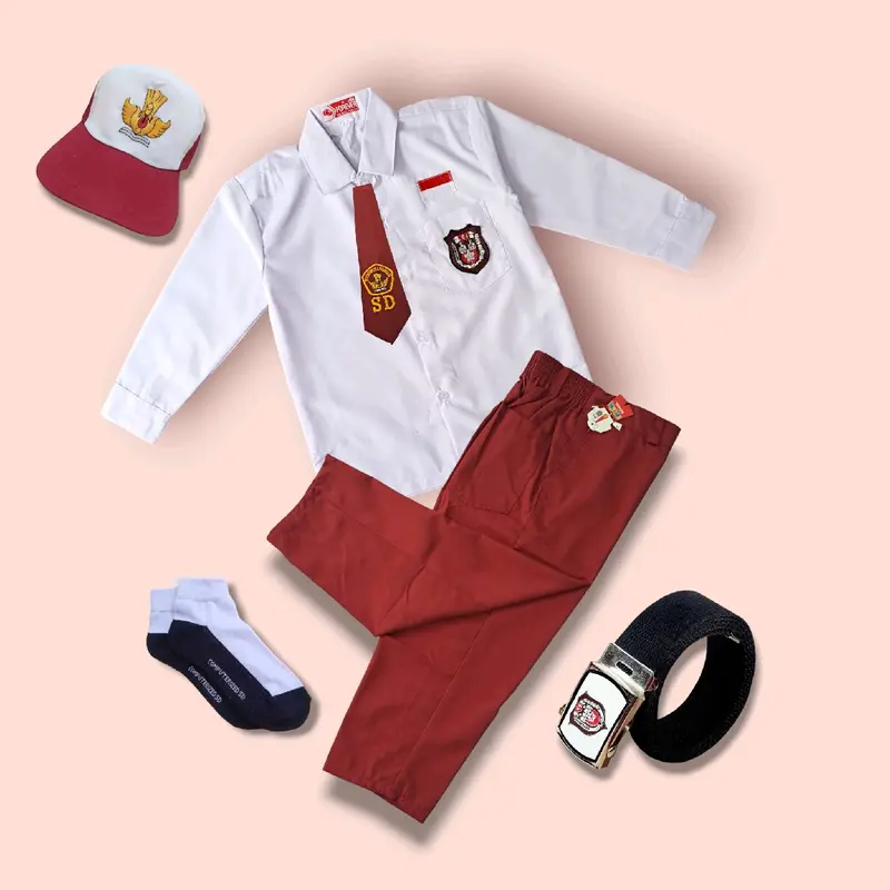 Setelan Seragam Sekolah Merah Putih SD Anak Laki -Laki Baju Putih Lengan Panjang Celana Merah Panjang 1