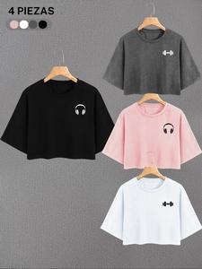 Camiseta de cuello redondo con estampado de auriculares unisex, camiseta casual de manga corta con cuello redondo para uso diario, ropa de mujer para todas las estaciones