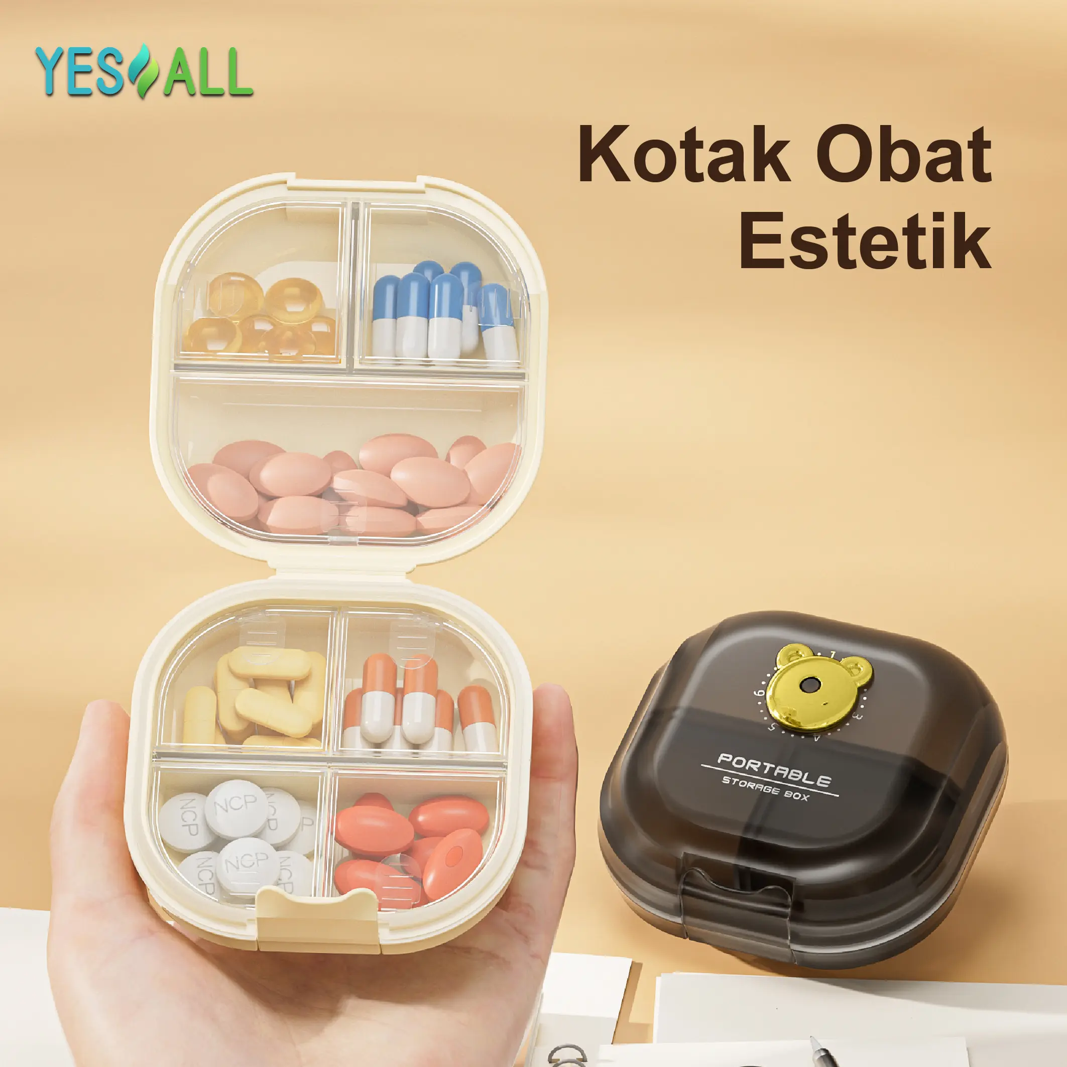 YESALL Kotak Obat & Perhiasan Mini – 3 Sekat, Catat Waktu, Tertutup Rapat, PP Food Grade, Elegan & Portabel
