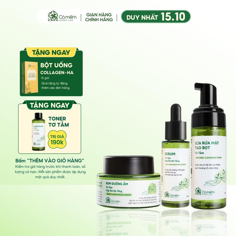 Bộ Chăm Sóc Da 3 Bước Sữa Rửa Mặt Làm Sạch Sâu Serum Kem Dưỡng Cấp Ẩm Tơ Tằm Cỏ Mềm Cho Da Thường Đến Khô