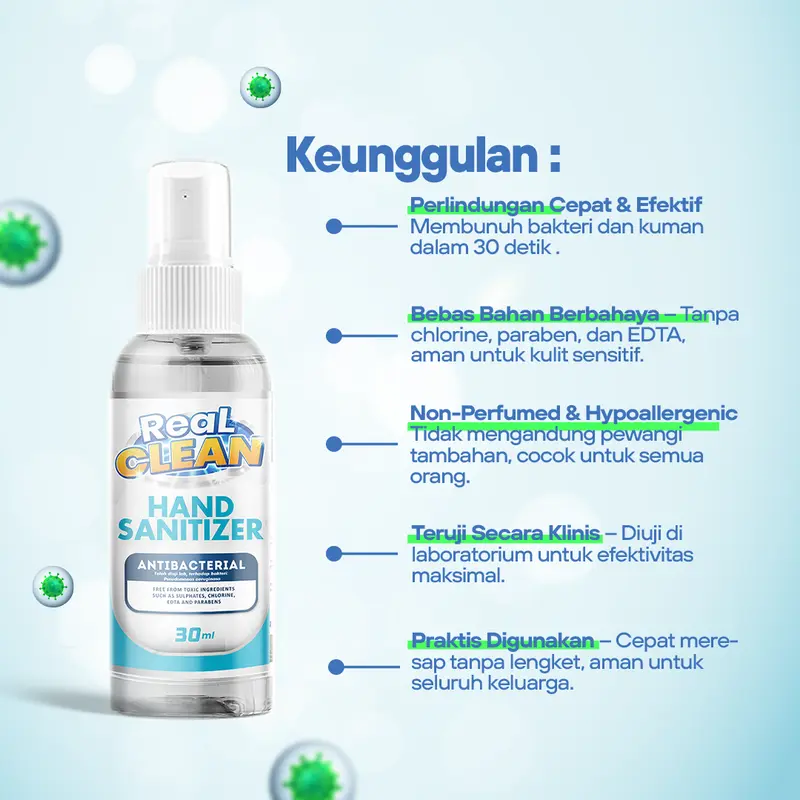 Real Clean Hand Sanitizer Cair 30 ML Liquid Sanitizer - Hand Sanitizer Spray Sanitizer Antiseptic Tangan 1