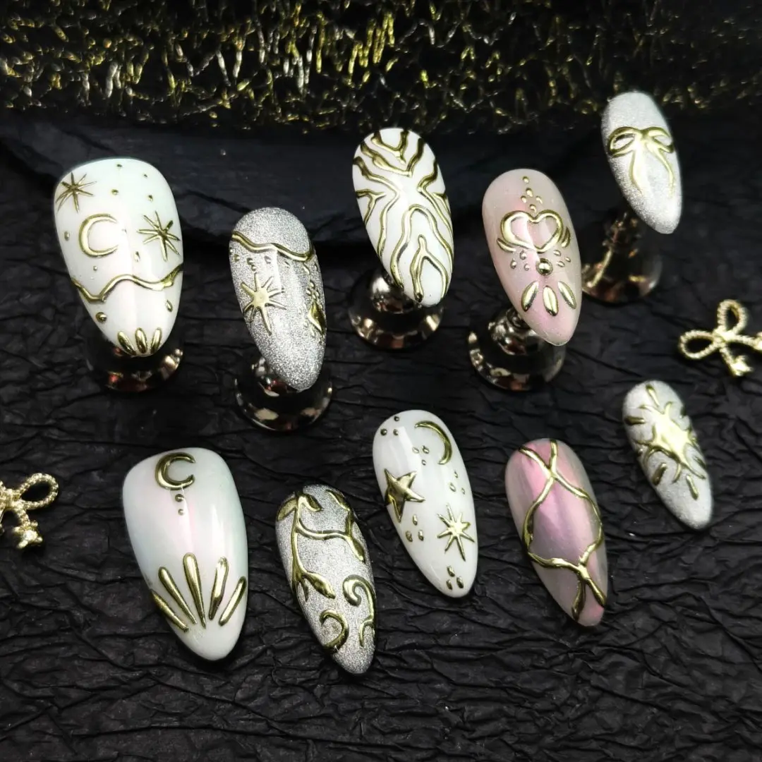 【HOT SALE】10pcs Classy  Handmade Press-on nails Medium Almond Nails 3D Flower Hand drawn Fake nails Bundle With Free Restore Box Finished nail stickers Reusable Removable