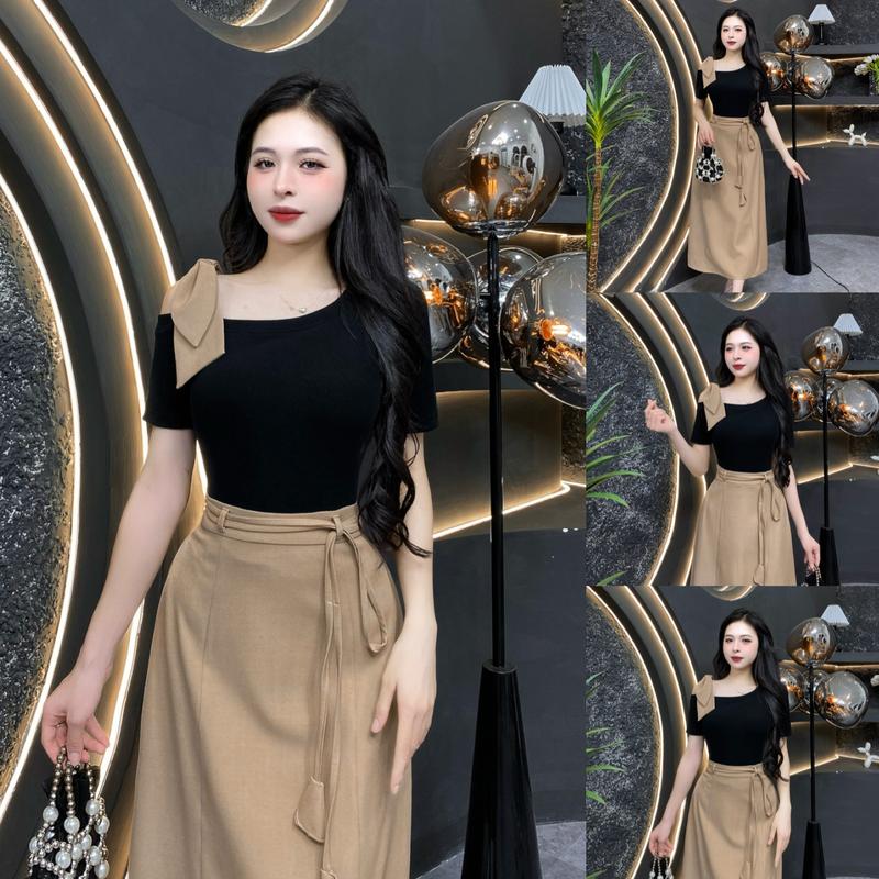 EV81 - Váy Thiết Kế Evii dành cho nữ, Đầm thiết kế cổ lệch phối len tăm, nơ đính liền trên vai (tặng kèm dây hoa) dáng A dài phù hợp đi làm, đi chơi và đi dự tiệc. Có Bigsize Women Dress Women Dress