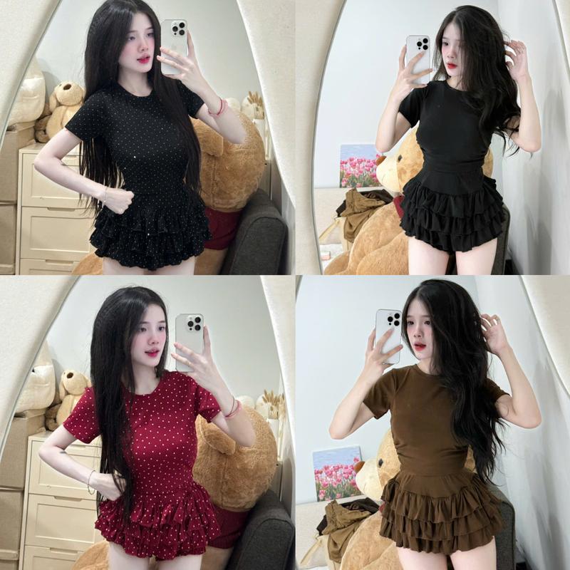Set bộ nữ hở lưng áo croptop có mút phối quần váy PLS332