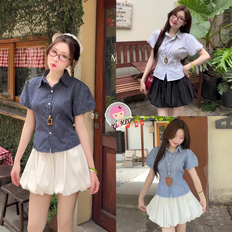 Áo sơ mi kẻ tay phồng dáng ngắn buộc eo Hàn Quốc xixeoshop - A46