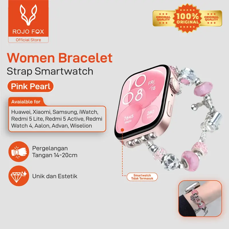 ROJO FOX Strap Huawei Band 10/9/8, Watch Fit 3, Mi Band 9, Samsung Fit 3, Apple Watch Pink Pearl Gelang Tali Jam Elegan Strap tali jam tangan smartwatch iWatch Women's Watch Bands | Stylish Straps 0