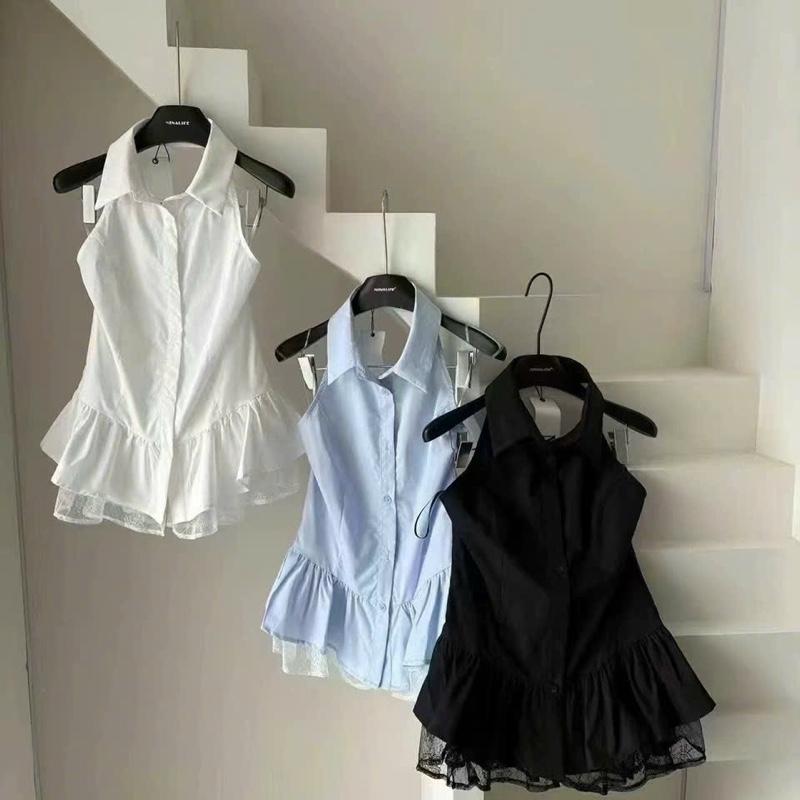 Áo kiểu yếm cổ sơ mi sát nách hở lưng phối ren dáng peplum xoè tầng dưới thời trang nữ
