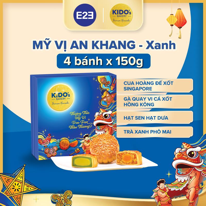 HỘP MỸ VỊ AN KHANG XANH - Set Bánh Trung Thu Kido's Bakery Cao Cấp (Set gồm 4 bánh 150g vị : Cua Hoàng Đế Xốt Singapore, Gà Quay Vi Cá Xốt Hongkong, Hạt Sen Hạt dưa, Trà Xanh Phô Mai ) | E2E Thực Phẩm Đồ Ăn | Kido Group