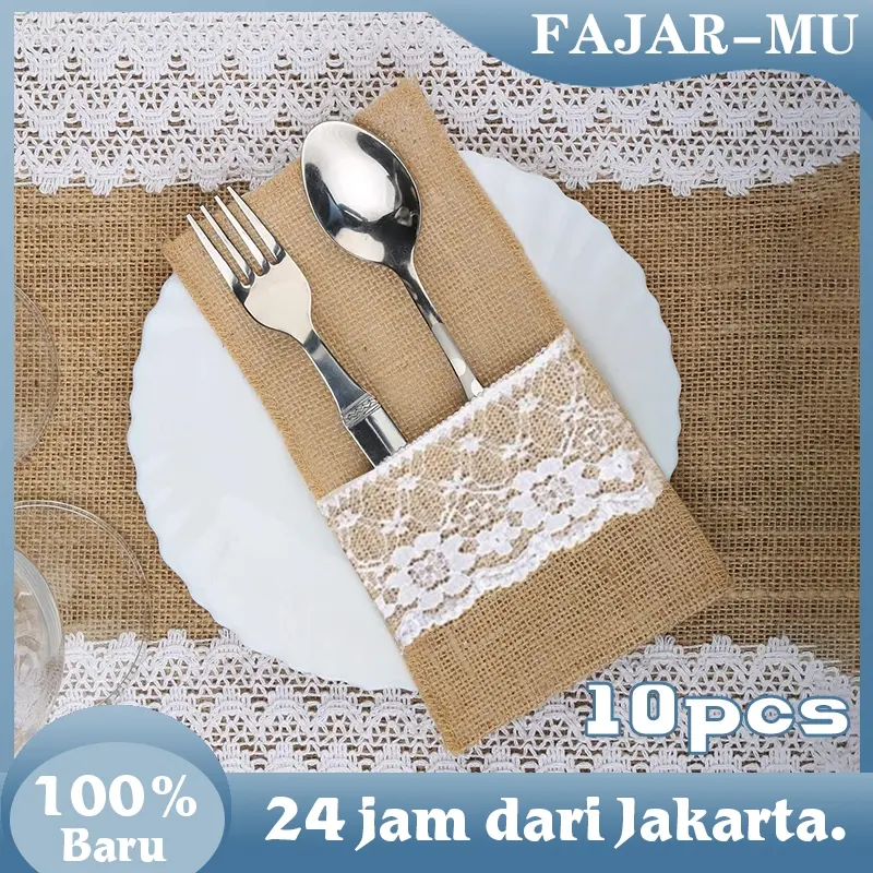 10pcs Cutlery Pouch Tatakan Sendok Garpu Burlap Lace Rustic Goni Gelar Pouch Sendok Alas Tempat Sendok Garpu