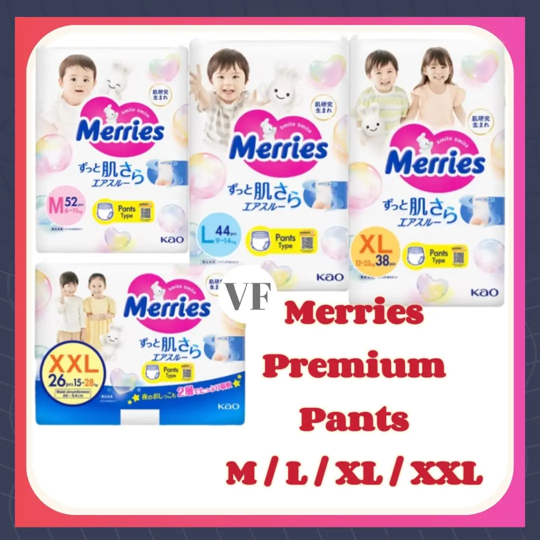 MERRIES Super Premium Pants Baby Diaper Super Jumbo Packs M52 / L44 / XL38 / XXL26 - Made in Japan