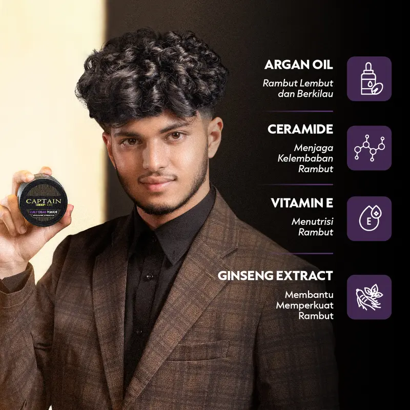 Captain Men's Care Curly Cream Pomade 30gr / Pomade Pria / Medium Hold / Medium Shine / Moisturizing / Melembabkan Rambut / Membuat Rambut Ikal Kering Menjadi Lembut Berkilau Perawatan Cowok 3