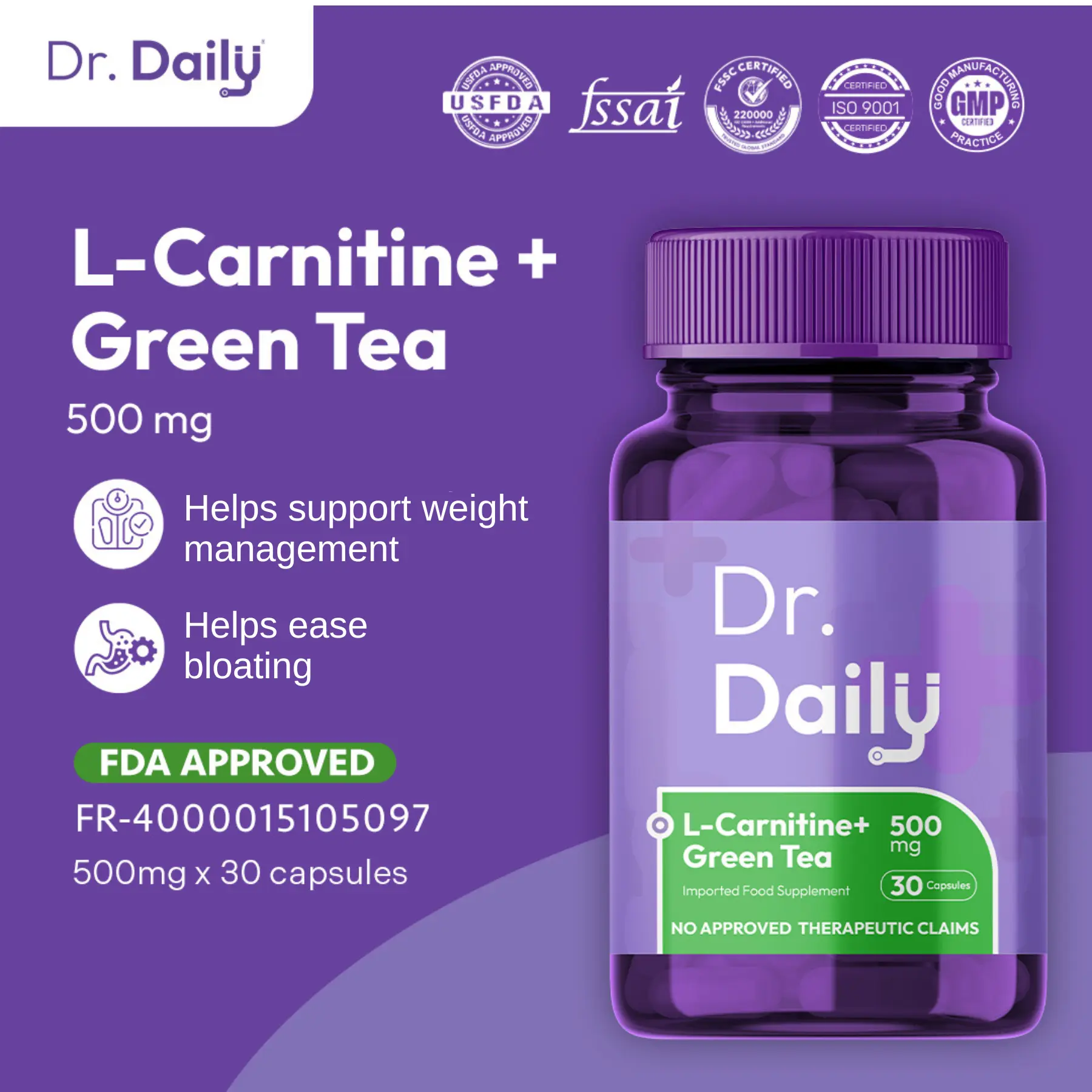 l carnitine daily Dr. Daily L-Carnitine + Green Tea 500mg: Helps Support Daily Wellness,  Active Lifestyle, & Energy Support