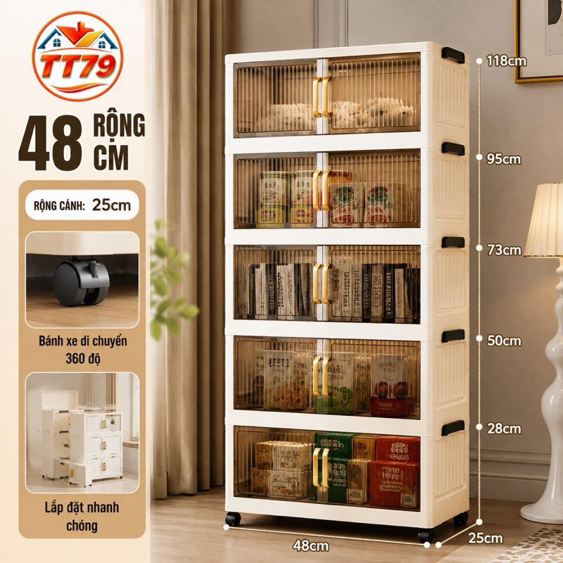 Tủ Đựng Đồ Gấp Gọn 3&5 Tầng Nhựa PP Cửa Hít Bánh Xe Di Chuyển Dễ Dàng Kệ Để Đồ…