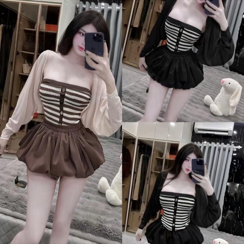 Set 3 chi tiết : Áo quây kẻ, Mix Quần Dáng Bí Kèm Áo Khoác Ngoài Tay Dài - Hân Linh shop