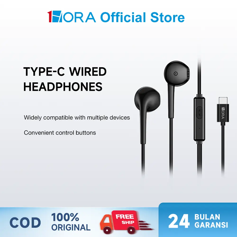 1HORA AUT124 Wired Earphone In-Ear Kabel Type-C dengan Mikrofon, Extra Bass, Panjang 1.2m，Cocok untuk Android & Laptop. AUT125 terupgrade dengan tombol pengontrol volume.