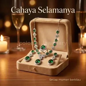 COLOS37Z Set empat potong vintage kalung berlian mikro berbentuk oval berlapis zamrud 18K desain tugas berat untuk wanita