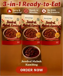 Jendral Mabuk Kambing 3 IN 1– Daging Kambing Empuk Berbumbu Rempah Khas – Makanan Siap Saji Pouch Praktis Tinggal Dipanaskan & Siap Santap
