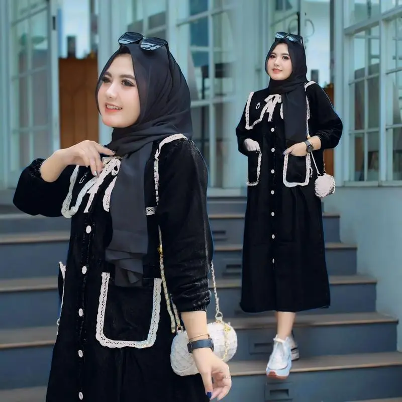 Atasan Panjang Sahara Long Tunik Jeans // Bisa Untuk Dewasa & Remaja // Pakaian Wanita Model Kekinian // Midi Dress Jeans Renda // Atasan Wanita Mewah, //  Fashion Muslim jeans // Long Tunik Hitam // Full Kancing Aktif Bisa  Busui // Gamis Tanggung