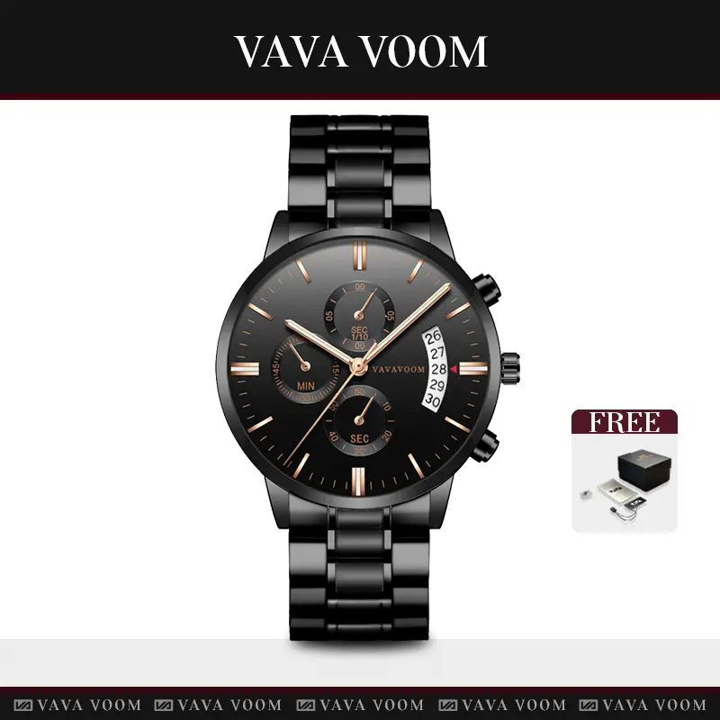 VA VA VOOM 214 Jam Tangan Pria Business Stainless Steel Analog Quartz Original Tahan Air Watch + Kotak Gratis Kaca