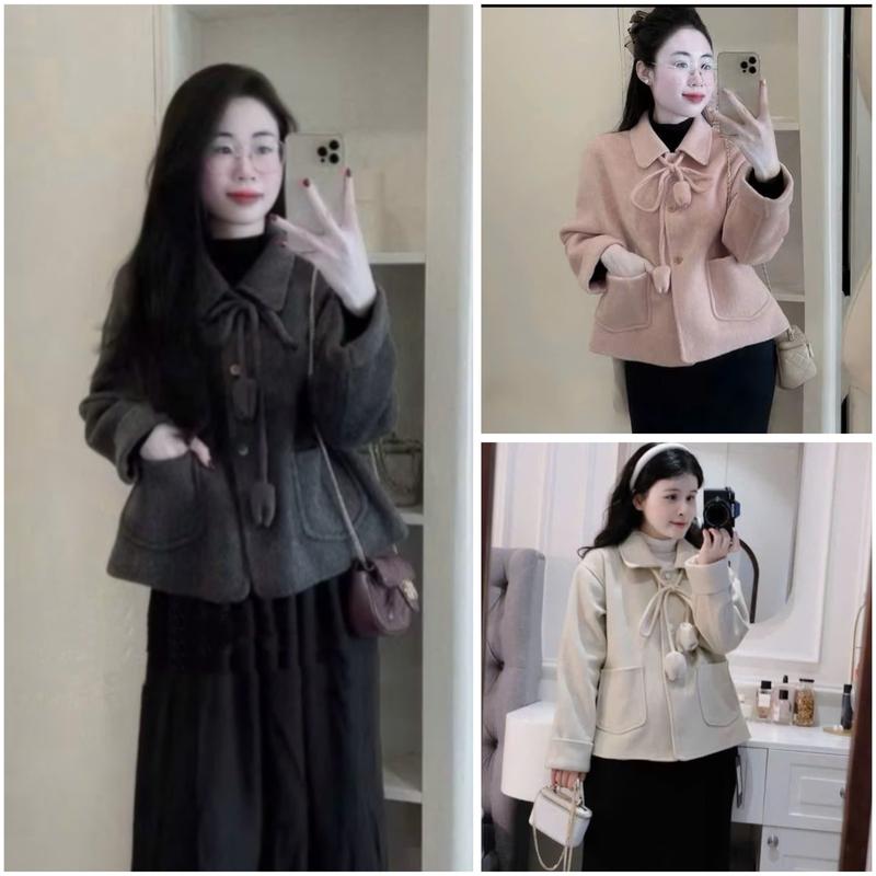  Áo Khoắc Dạ Ép Tiểu Thu Cổ Bẻ Mix Dây Buộc Nơ Mùa Thu Đông Cho Nữ 