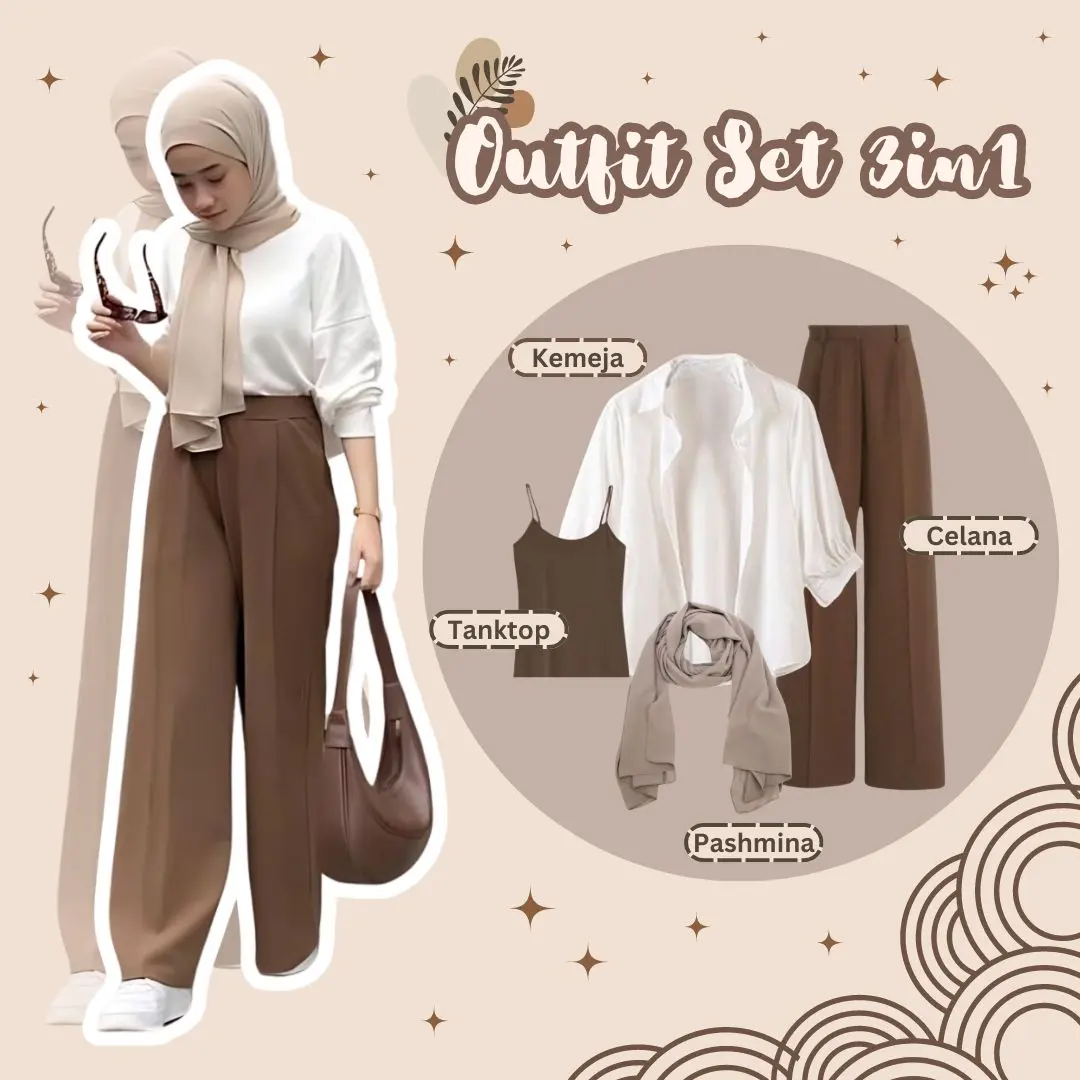 One Set Wanita Korean Style / Ootd Wanita Hijab / Outfit Ngampus Kuliah Hangout ( Blouse Atasan Wanita Celana Oneset 3in1 ) - AH35 Baju Casual Balon Kancing Shakila Ceruty Muslim Nyaman Panjang Katun Melar Twill Setelan Kulot Gamis Formal Dewasa Simple