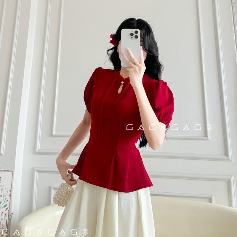   DEAL MỞ BÁN HÀNG TẾT  Áo Tết GAGO Brand Cổ Tàu Tay Phồng Điệu Đà Size V1 đến 96cm Vải Đũi Vân May Xuân 2026 