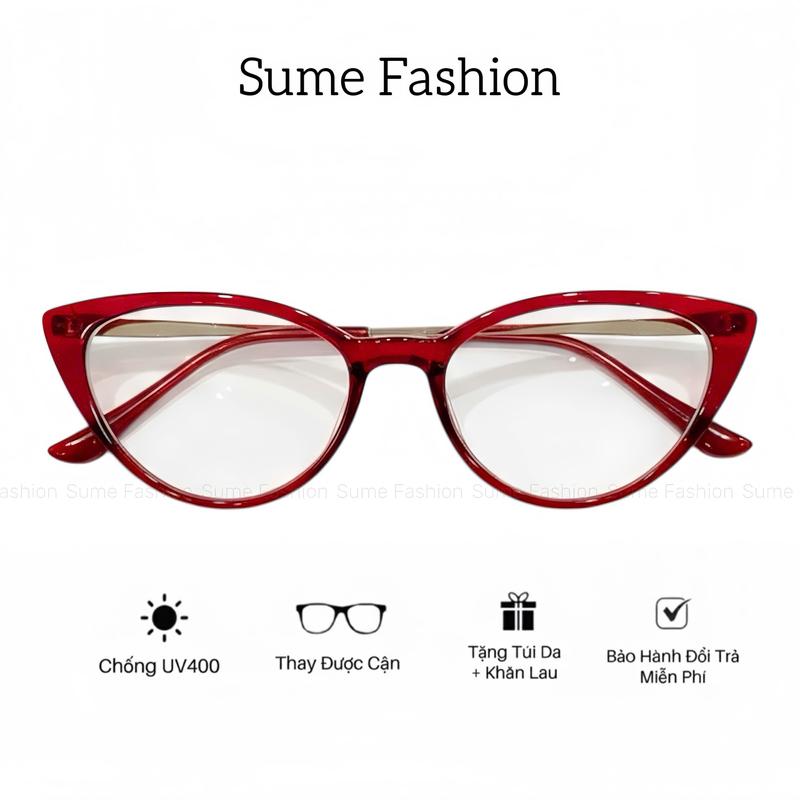 S80 Kính mắt thời trang mắt kính mèo nữ đỏ đô tròng kính mát chống nắng gọng kính cận thay được độ