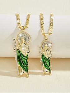 Collar con Colgante de San Judas de Moda Hip Hop para Hombre, Chapado en Cobre 14k con Zirconia, Joyería Religiosa, Cadena Plana de 24 Pulgadas