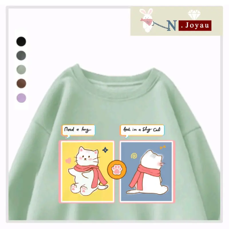 N.Joyau Sweater - Shy Cat | Oversize XXL crewneck Lengan Panjang Outfit Basic Casual Korean Style Aesthetic Sablon DTF Gift  Remaja Wanita Pria Unisex Premium Kekinian Bigsize Jumbo. 4