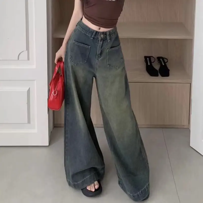 JEANSHIGHWAIST- Celana kulot jeans highwaist retro wanita dua waist kantong depan jins Panjang Cewek dua Denim A-line pants skena premium import baggy outfits fading gombrong straight remaja xl biru vintage lulu chic wide leg ootd cute Casual yoyo Loose 2