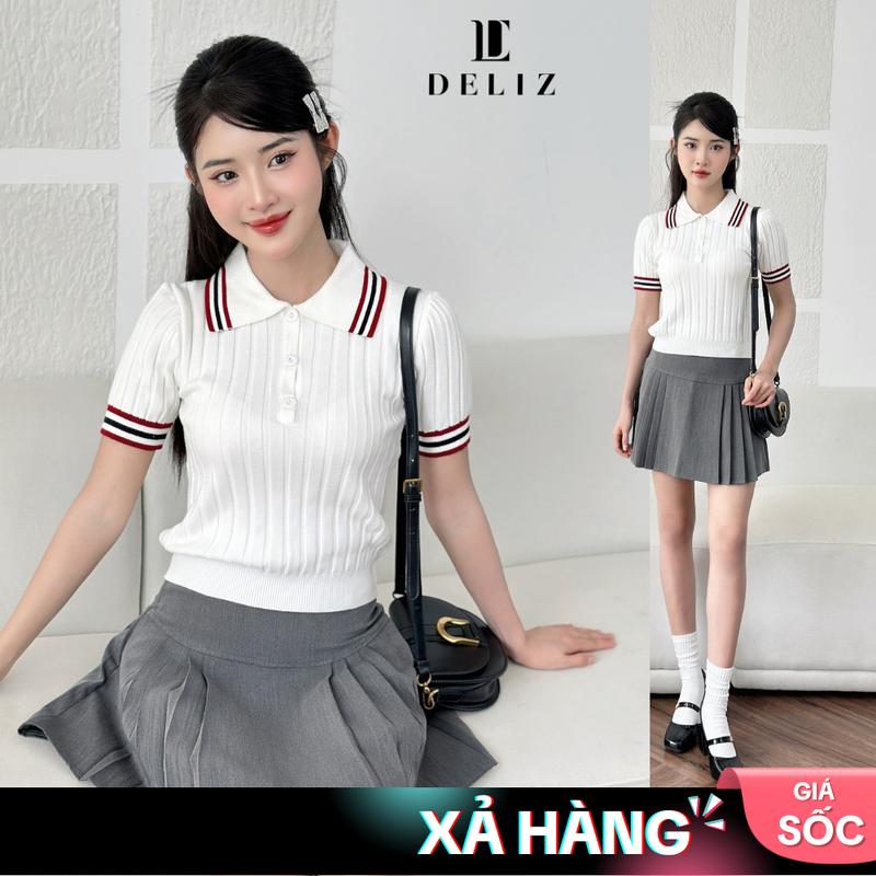 Áo len nữ croptop dệt kim Donna kiểu dáng polo cộc tay cách điệu DELIZ - PL04