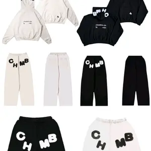 CHMB Setelan Sweater dan Celana Hitam Putih dengan Logo Besar untuk Gaya Santai Baju Oblong Dewasa Pria Wanita