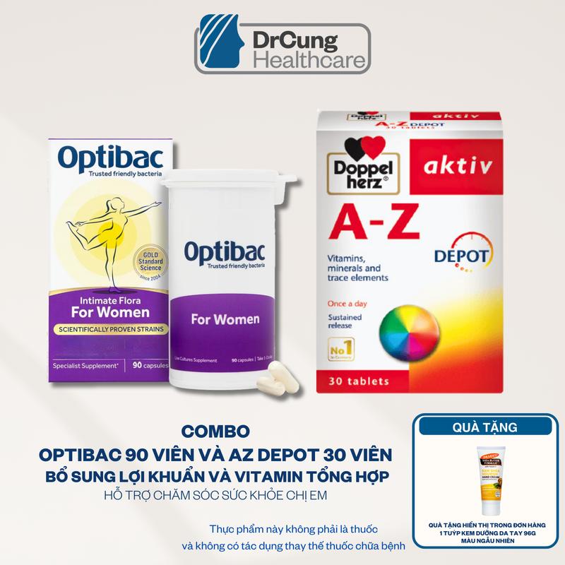  TPBVSK Combo 2 sản phẩm Optibac For Women Lọ 90 Viên và Vitamin tổng hợp AZ Depot Doppelherz Hộp 30 viên dành cho người lớn MUA COMBO TẶNG 1 TUÝP KEM TAY PALMER'S 96G MÀU NGẪU NHIÊN 