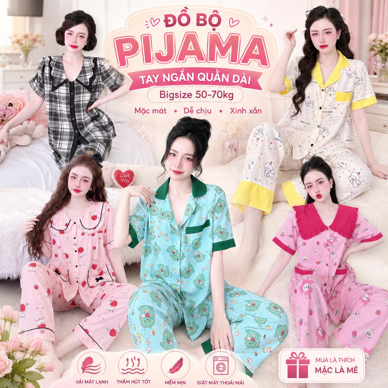 Đồ Bộ Đồ Ngủ Mặc Nhà Nữ Bigsize 50-70kg Lụa Nhật Mềm Mịn, Pijama Tay Ngắn Quần Dài Form Rộng Sang Xinh - A.TH4LN