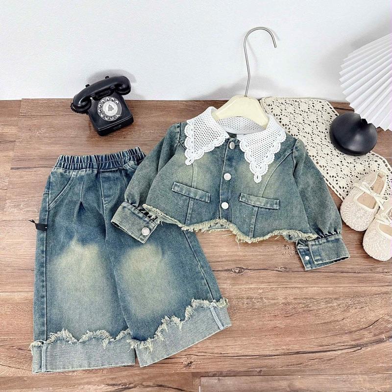   Shopmesockids  Sét áo jeans cổ V viền ren tiểu thư mix quần dài xuông cho bé gái 