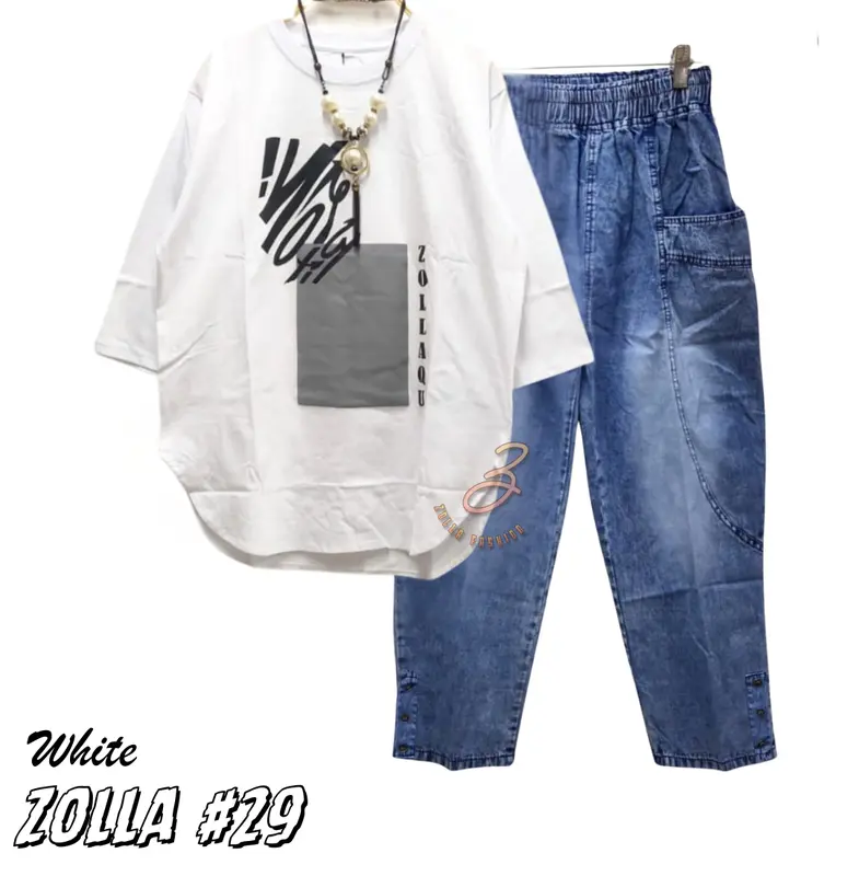 Zolla #29 Setelan wanita ukuran Jumbo Kaos Combed 24s Sablon plastisol Celana Jeans Wash HQ Bisa COD 4