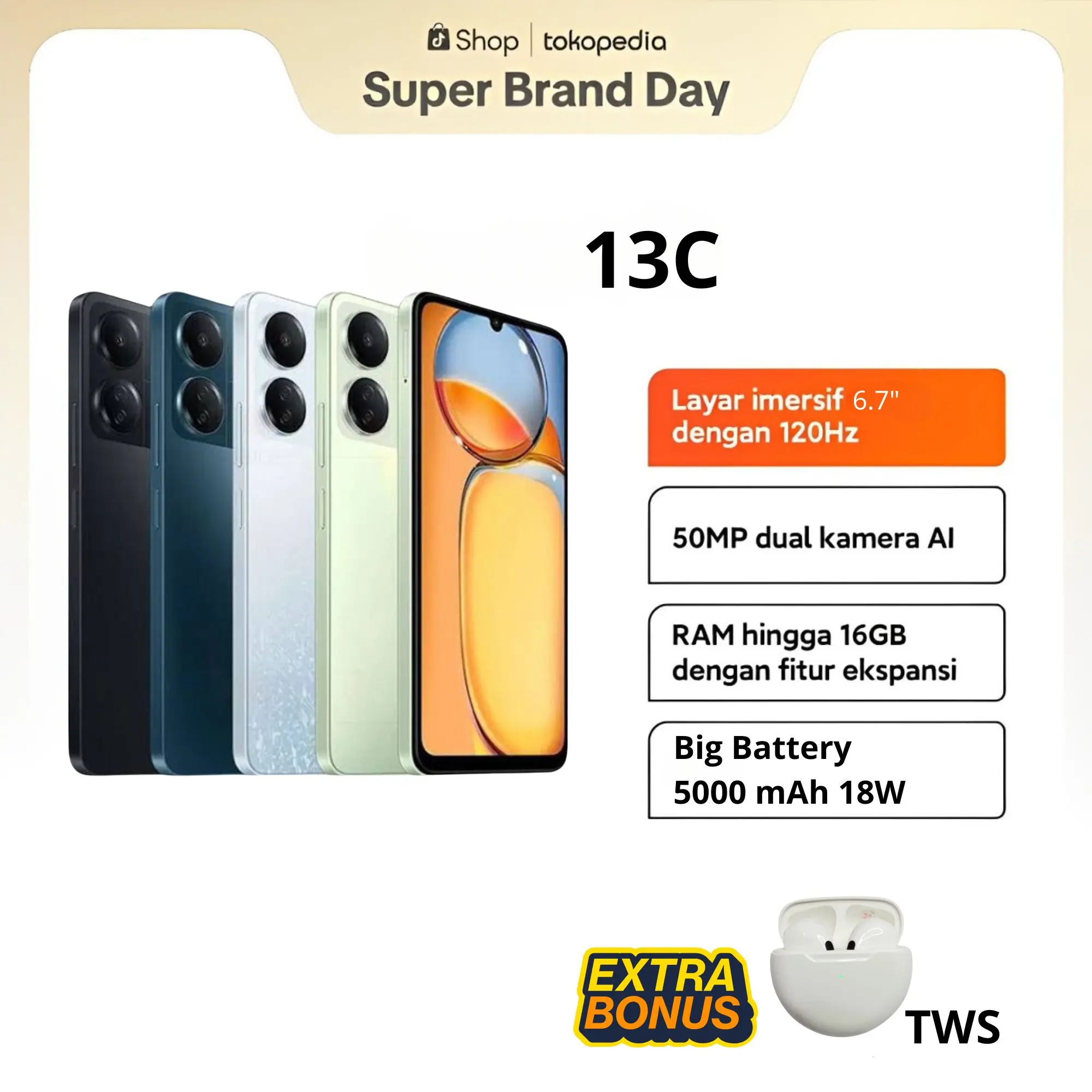 COD Smartphone 13C Ram 8GB 6,7 Inchi Kamera 50MP Fullset Bergaransi