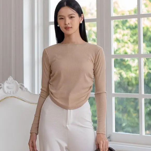 AIJO | (READY)  Amoura Rib Longsleeve - Atasan Lengan Panjang Rib Serut Wanita oneck top Nyaman Polos Lembut Basic Baju 4