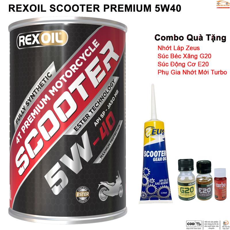 Dầu Nhớt Xe Tay Ga Rexoil Scooter Tặng kèm 4 quà bao gồm 1 súc động cơ E20 và 1 phụ gia nhớt mới Xado Very Turbo 1 súc béc xăng và 1 láp zeus
