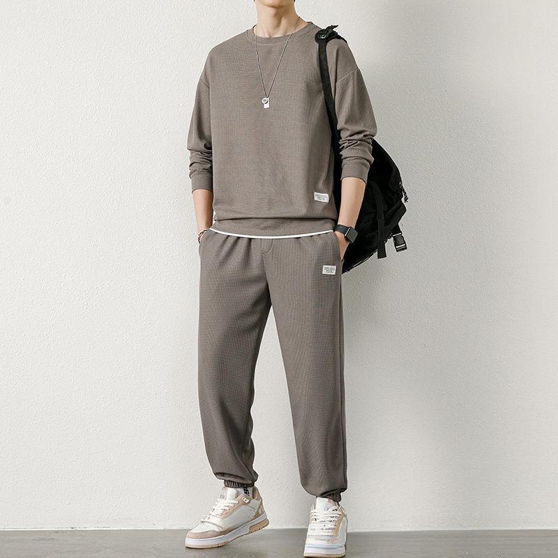 Product Introduction of Waffle Sweater Suit Loose Casual Autumn and Winter New round Neck Men's Long-Sleeved Trousers Teen Clothes 7
