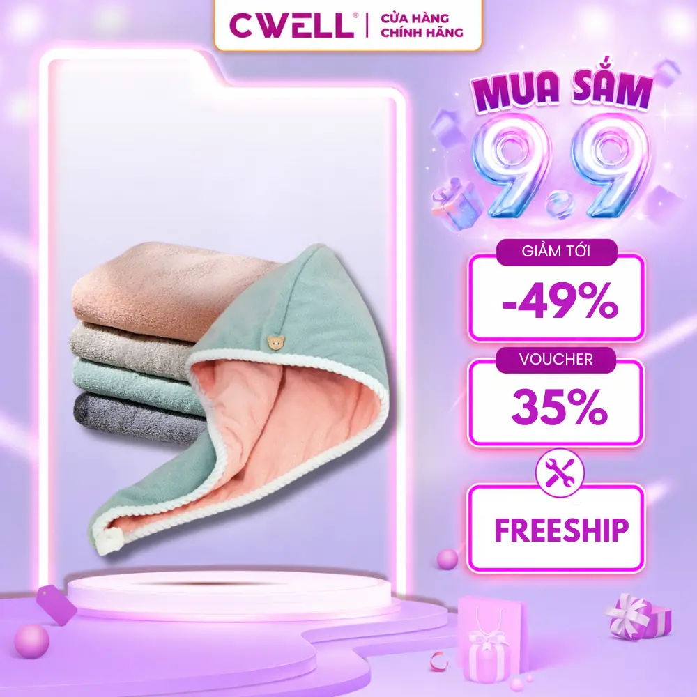 Khăn quấn tóc, ủ tóc nhanh khô CWELL 2 lớp, vải lông cừu san hô mềm mịn dày dặn, lau đầu siêu thấm hút, thoáng khí 25x60cm (MUA 2 ĐƯỢC FREESHIP) -C03PK Khăn Tắm