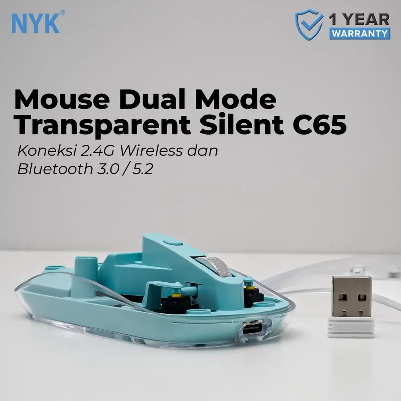 Mouse NYK C65 Silent Click Dual Mode Bluetooth Wireless Rechargeable Transparant Blue 4