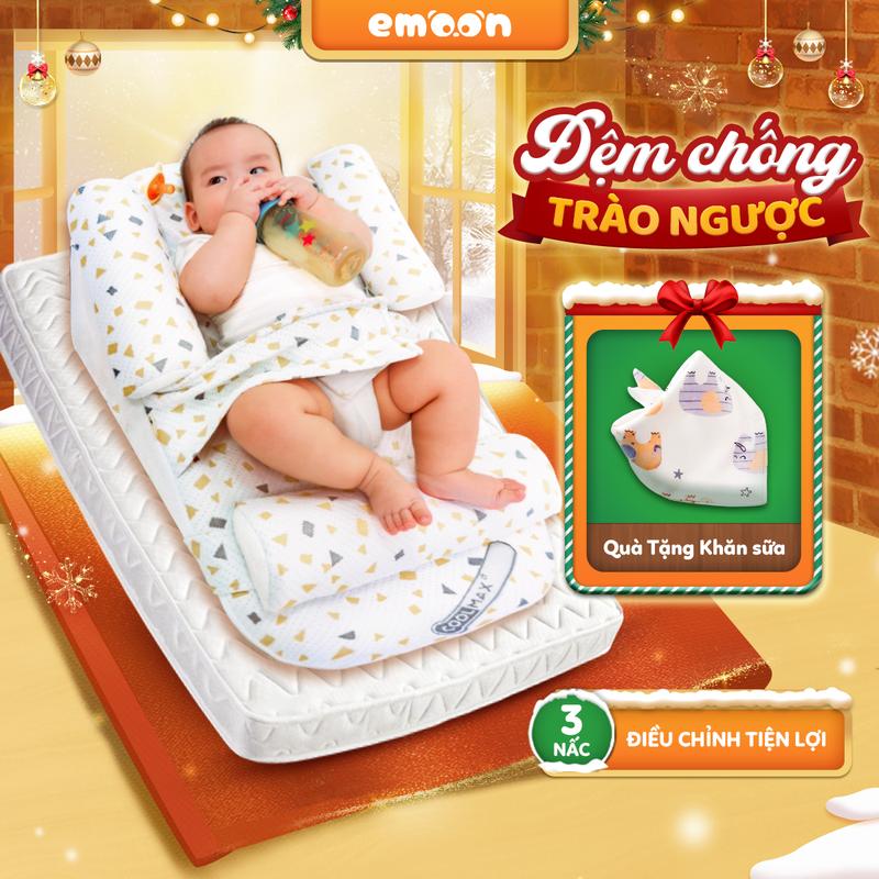 LIVE Đệm Chống Trào Ngược 15-30 Độ Gối Ngủ Cho Bé Emoon Cao Cấp có gối chặn kèm đai cố định giúp bảo vệ cột sống cho bé