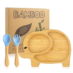 Bamboo Baby Plates with Silicone Suction Cup Spoon and Fork - Wooden Toddler Divided Plate Set for Baby-Led Weaning BPA-Free Feeding Supplies