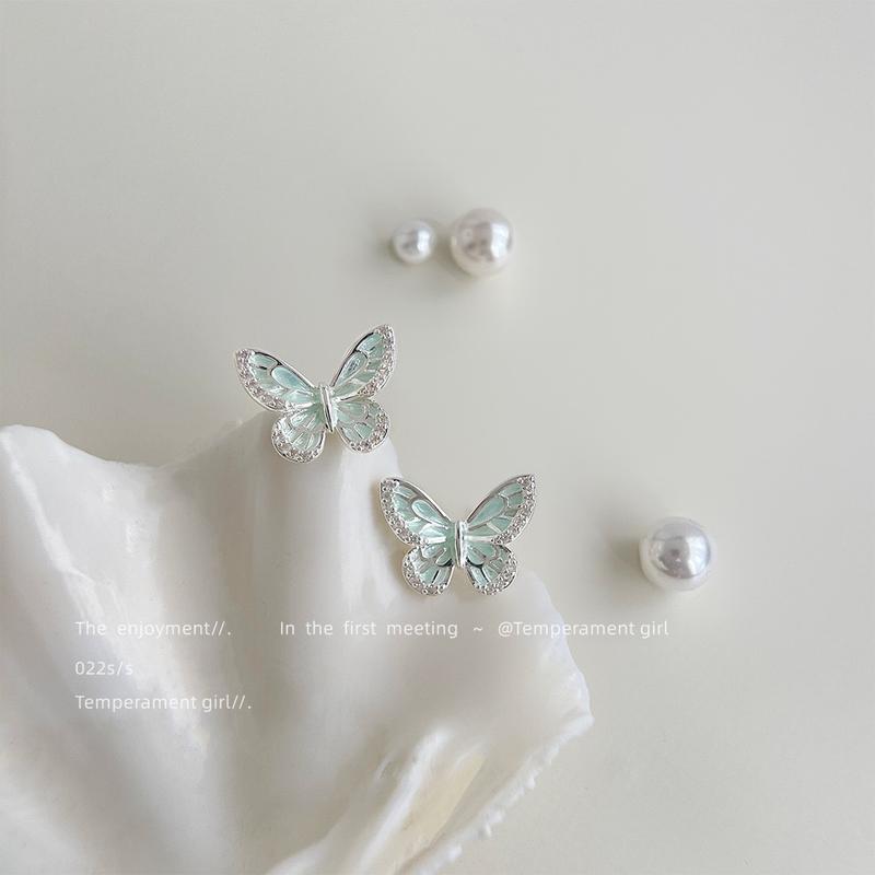 Product Introduction of Micro-set Zircon Mint Mambo Green Enamel Silver Needle Butterfly Earrings for Women - Fresh, Sweet, Simple Summer New Style Earrings sea  monkeys  necklace engagement  rings 7