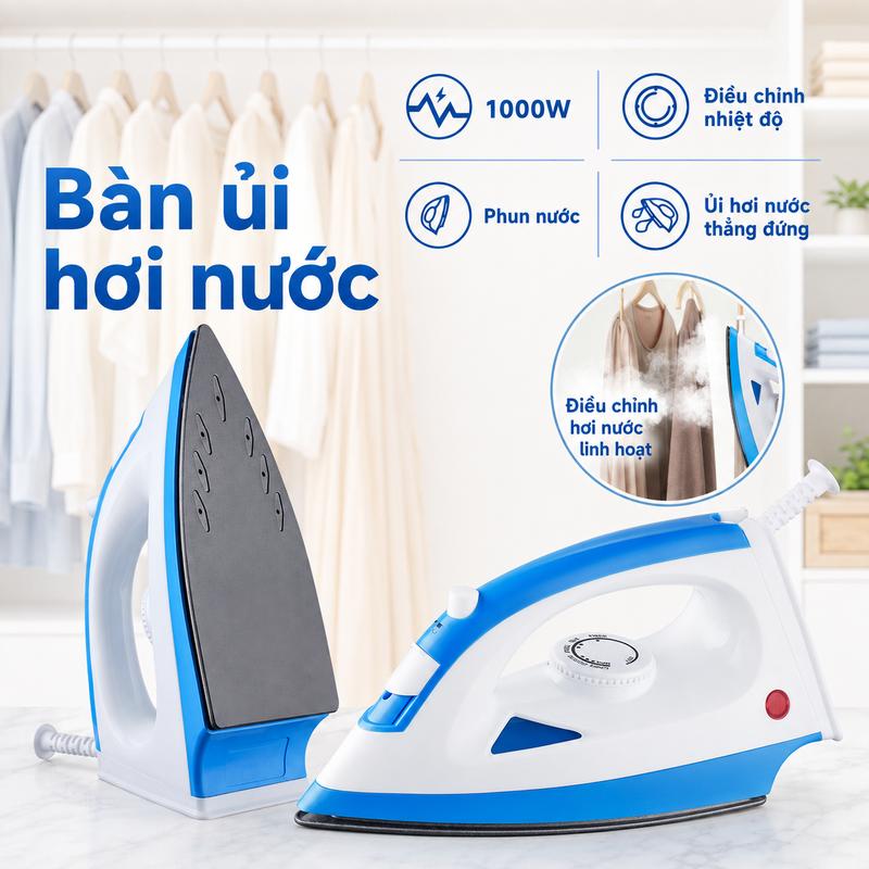 Bàn Ủi Hơi Nước Gia Đình Nhỏ Gọn, Điều Chỉnh Nhiệt, Phun Sương Tiện Lợi