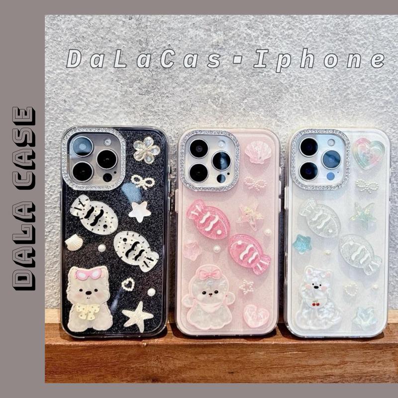 Ốp Lưng Nhũ 2 Lớp Hồng Kem Đen Charm Nơ Cá Cún Lớn