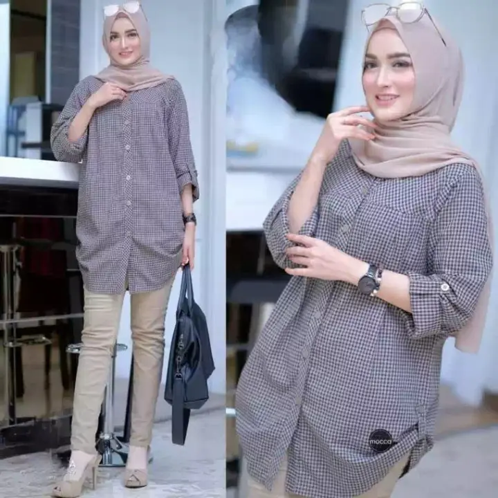 ELIZA ATASAN KEMEJA KOTAK FASHION WANITA TERBARU KEKINIAN Baju  Katun Kancing Fit