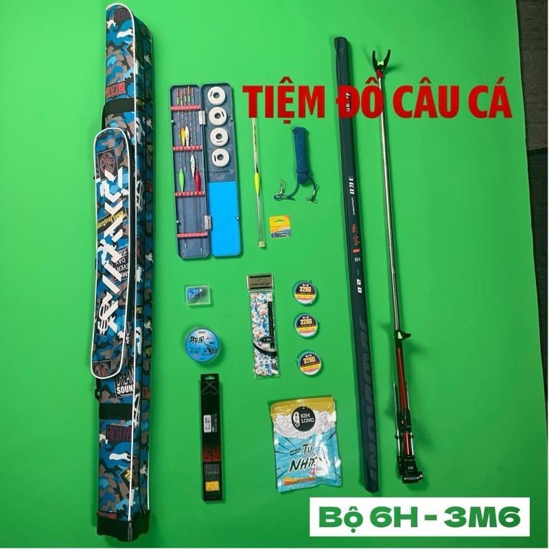 Bộ combo 6H 3m6 - 3 Trục buộc sẵn - mồi câu cá - dây cuốn cần - chun bảo hiểm - thẻo câu BKK cao cấp - hộp lưỡi - Gác cần câu - bao đựng cần - 5 phao ngày kèm hộp phao xanh - phao điện.